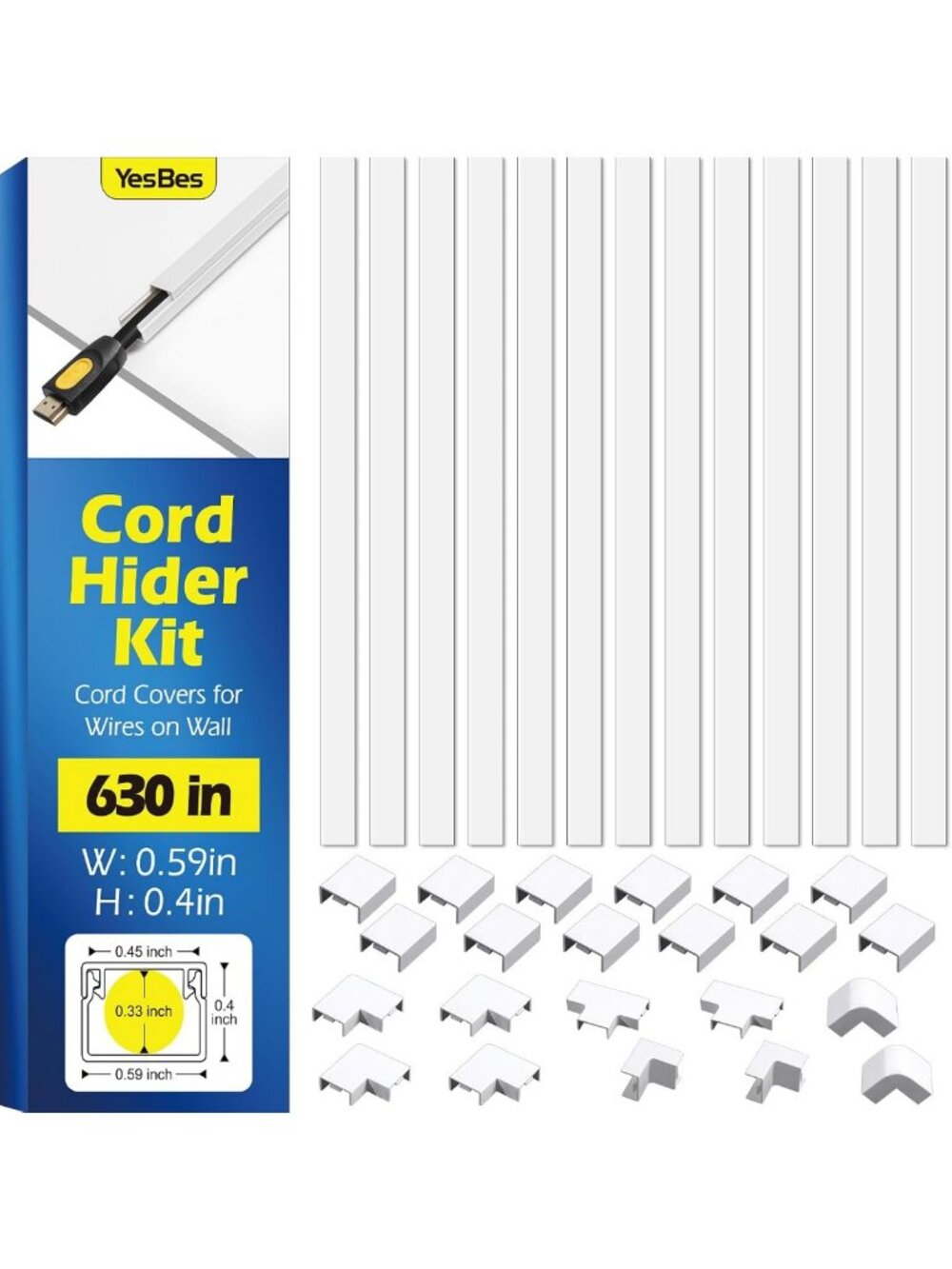 Wall Cord Hider Kit - Paintable Cable Covers for TV Wires, 630in Wire Raceway